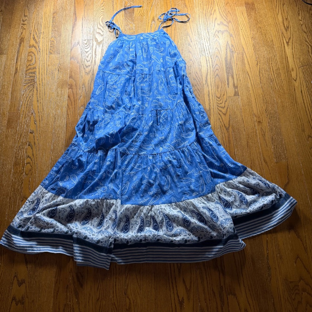 Cottagecore Paisley Tiered Cotton Maxi Dress Halter Womens Medium En Creme Blue